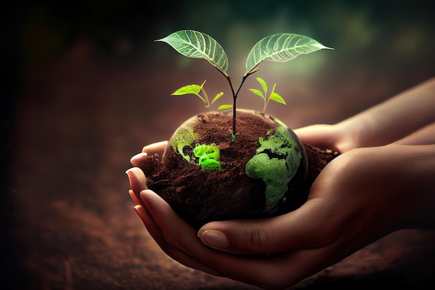 Hand protects seedlings that are growing Environment Earth Day In the hands of trees growing