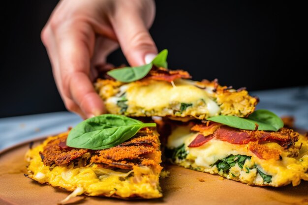 Hand pulling a cheesy slice of cauliflower pizza