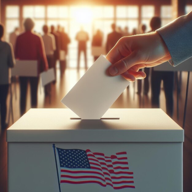 Photo a hand puts a piece of paper into a ballot box with an american flagamerica electionscitizens vote