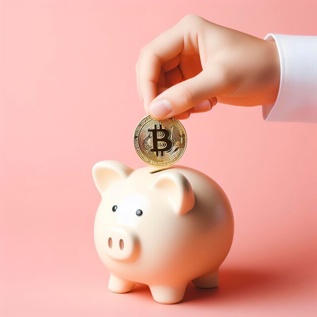 Hand putting Bitcoin coin to piggy bank on pink background with copy space