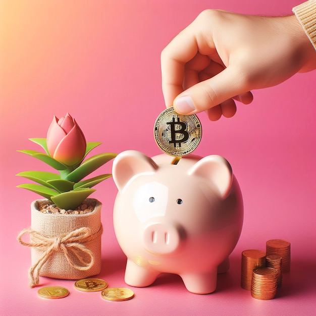 Hand putting Bitcoin coin to piggy bank on pink background with copy space