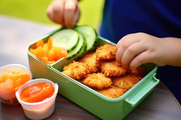 A hand putting chicken nuggets into a lunch box