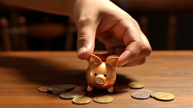 A hand putting a coin into a piggy bank