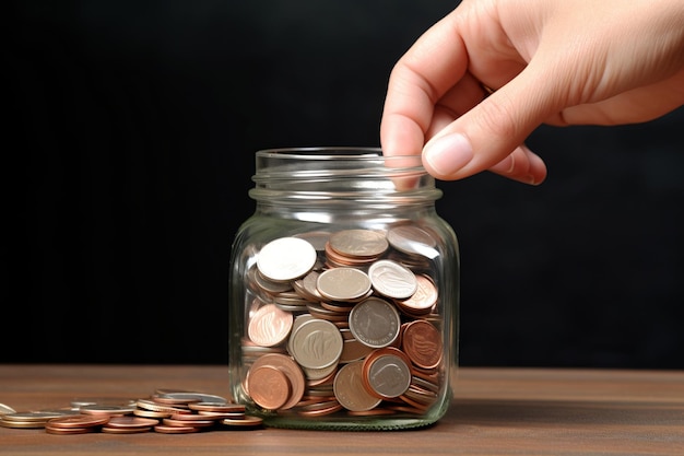 Hand Putting Coins into a Savings Jar