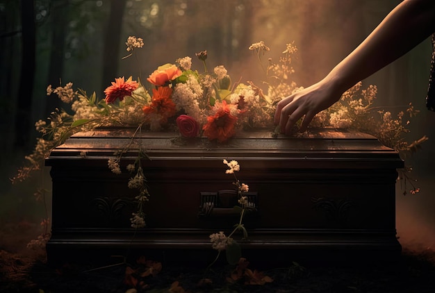 a hand putting flowers in an oak casket in the style of fujifilm pro 800z