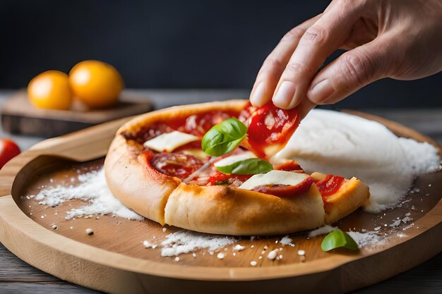 Foto una mano che mette un pezzo di pizza su una tavola di legno.