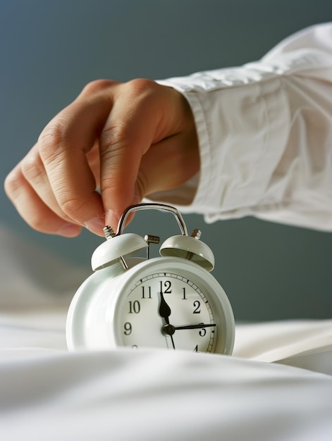 A hand reaches out to a classic alarm clock on a bed a daily wakeup routine signaling the start of a new day