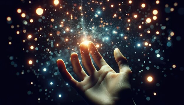 Photo a hand reaches out seemingly harnessing the cosmic energy of a starry universe in a dynamic display of light and connection