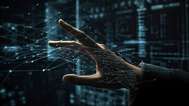 A hand reaches out to touch a network of data.