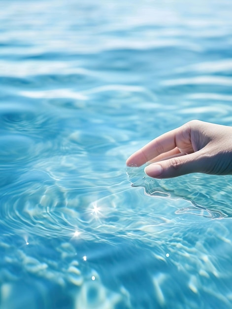 A hand reaches out to the water with a reflection of a hand