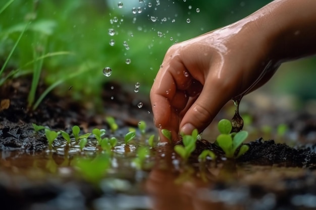 Photo a hand reaches for a plant with water droplets on it.