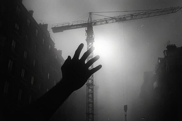 Hand reaches up to crane in the fog