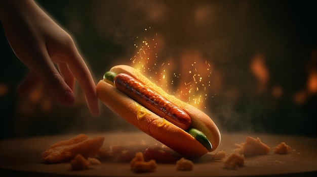 A hand reaching for a hot dog with mustard on it