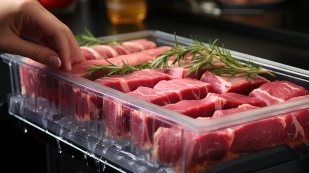 Photo a hand reaching into a container of raw beef steaks