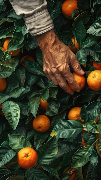 Hand Reaching for Orange on Tree