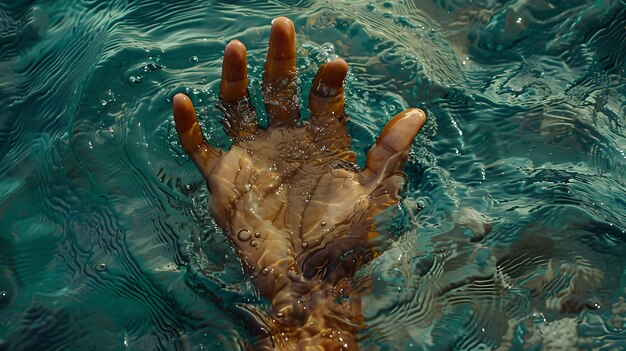 A hand reaching out from serene blue waters Capturing the essence of tranquility and human connection with nature Perfect for tranquil themes AI