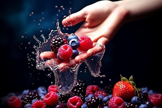 Foto una mano che si estende per prendere un bicchiere di succo di bacche misto aggiungendo un elemento umano