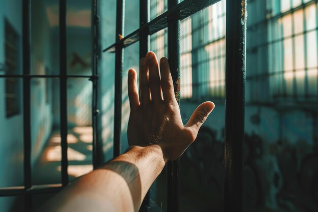 Photo hand reaching out of jail cell door generative ai