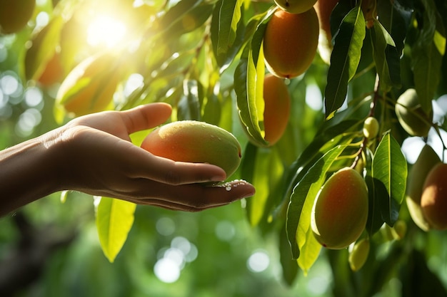 Foto una mano che si estende per raccogliere un mango maturo da un albero