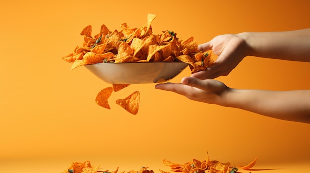 Hand reaching for pile of nachos on orange