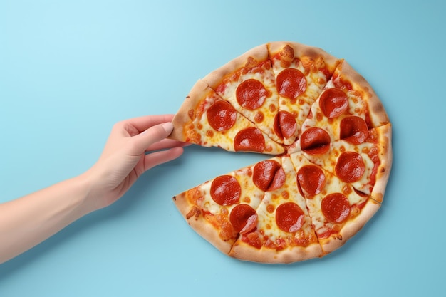 Hand reaching for a slice of pepperoni pizza the rest of the pizza resting on a blue surface