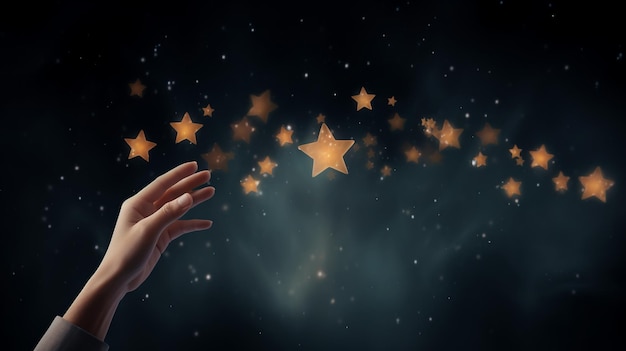 A hand reaching for stars in the sky