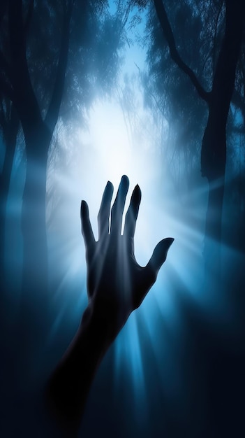 A hand reaching up into a blue light