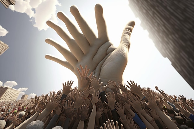 A hand reaching up into a giant hand