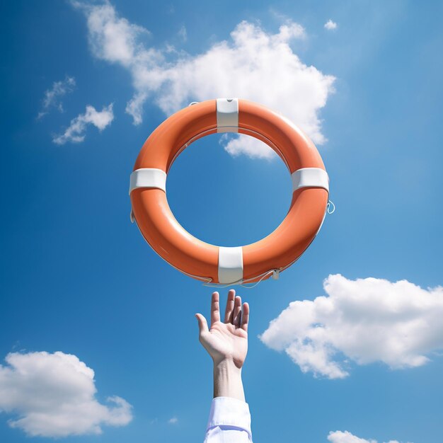 A hand reaching up for a life preserver on a blue sky