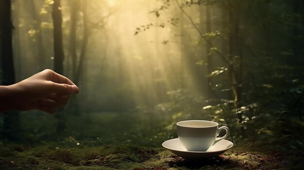 Foto mano che raggiunge una tazza di caffè bianca nella foresta