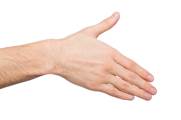 Hand ready for handshake isolated on white background. Man inviting by open palm, greeting concept