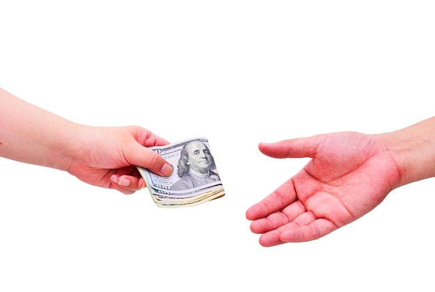 Hand receiving money US dollars isolated on white background concept