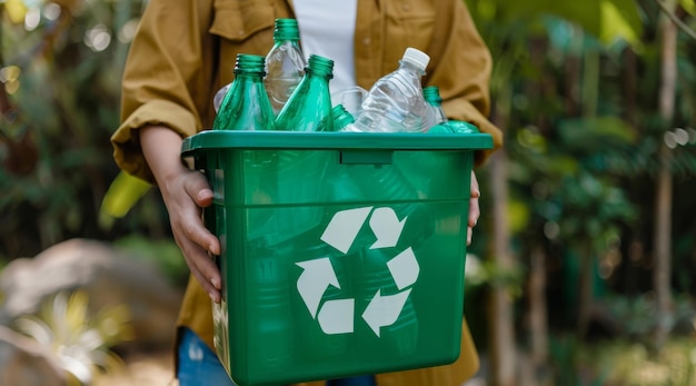 Hand recycle and volunteer holding a dustbin for environmental awareness and sustainability concept