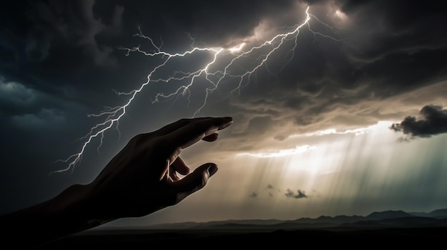 Hand reiken naar bliksem in de lucht