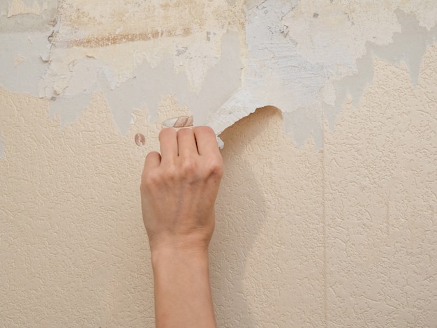 Photo hand removes old wallpaper from the wall. the concept of repair.