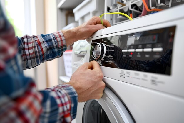 Hand of repairman fixing washing machine at home closeup view