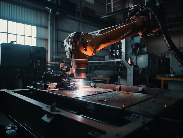 Hand of robot working steel welding building electronic machine in factory Generative AI