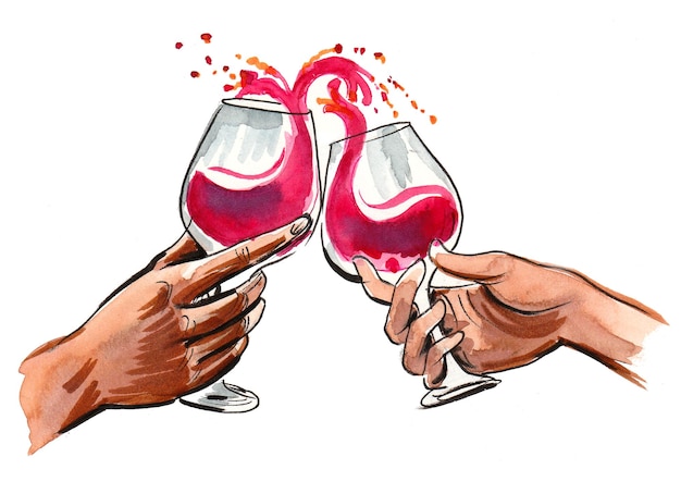 Hand roosteren met een glas rode wijn. Inkt en aquarel tekenen