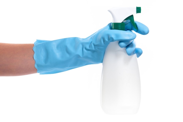 Hand in Rubber Glove Holding a Spray Bottle