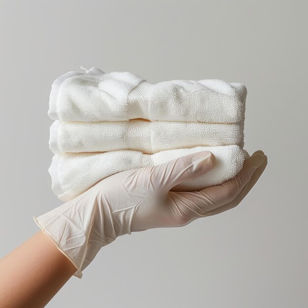 Hand in rubber gloves holding a stack of clean towels on gray background