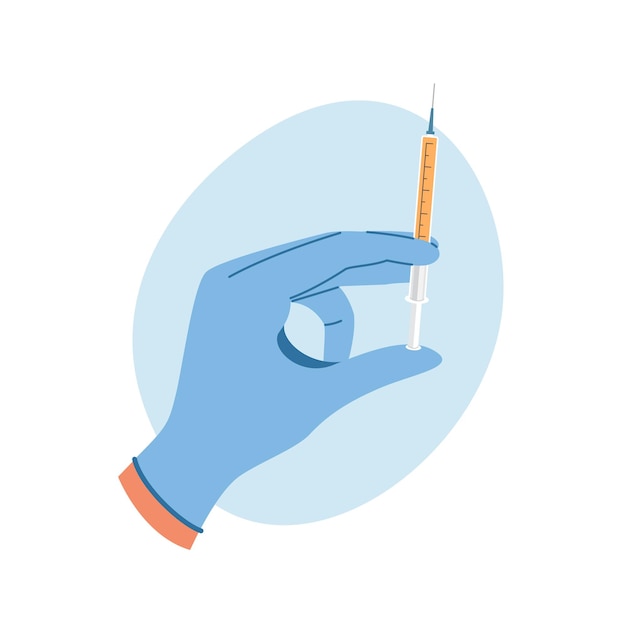 Рука в резиновых перчатках с шприцом с жидкостью для инъекций Healthcare conceptxD