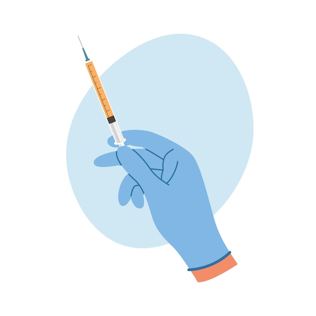 Рука в резиновых перчатках с шприцом с жидкостью для инъекций Healthcare conceptxD
