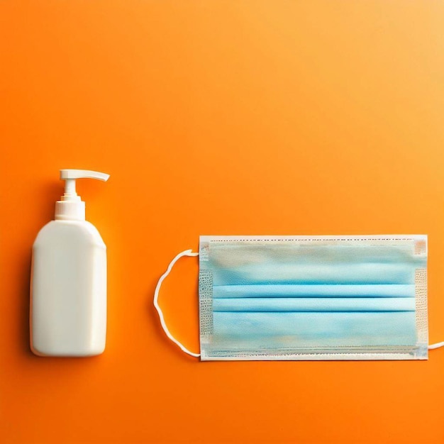 Hand sanitizer bottle and medical face mask on a table