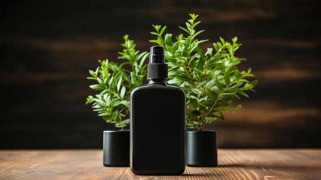 hand sanitizer bottle for mockup on wooden table with leaf ornament and blur background