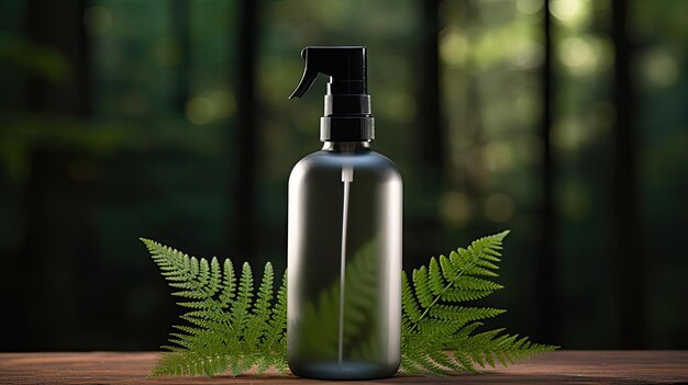 hand sanitizer bottle for mockup on wooden table with leaf ornament and blur background