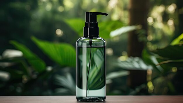 hand sanitizer bottle for mockup on wooden table with leaf ornament and blur background