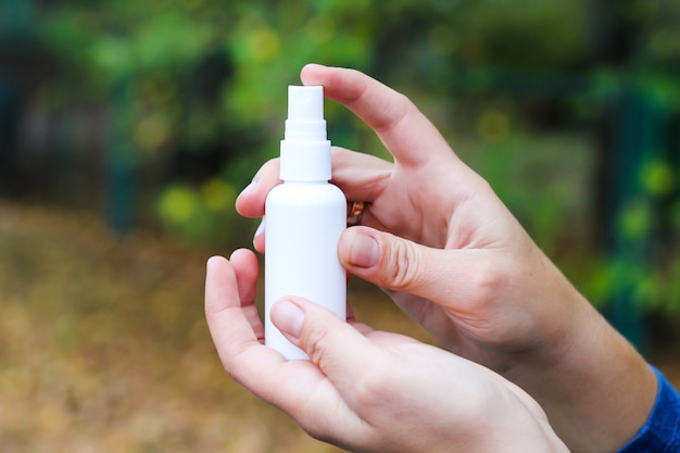 Hand sanitizing spray for bacteria and viruses. Hand hygiene