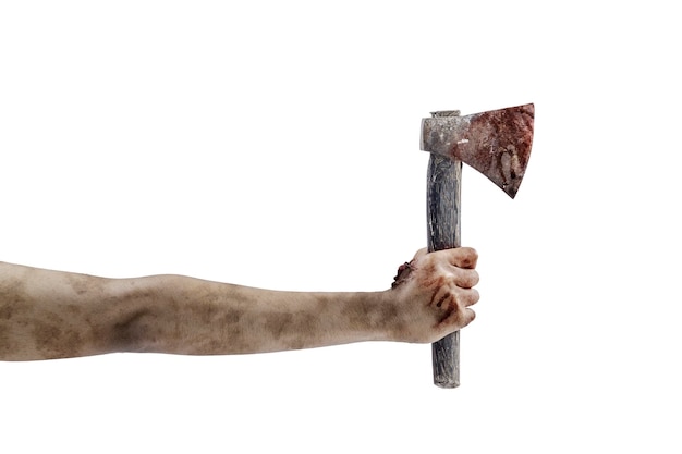 白い背景に斧を持った血と傷を持つ恐ろしいゾンビの手が分離されている