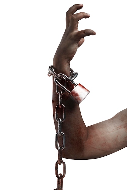 The hand of a scary zombie with blood and wounds tied on the iron chain is isolated over a white background
