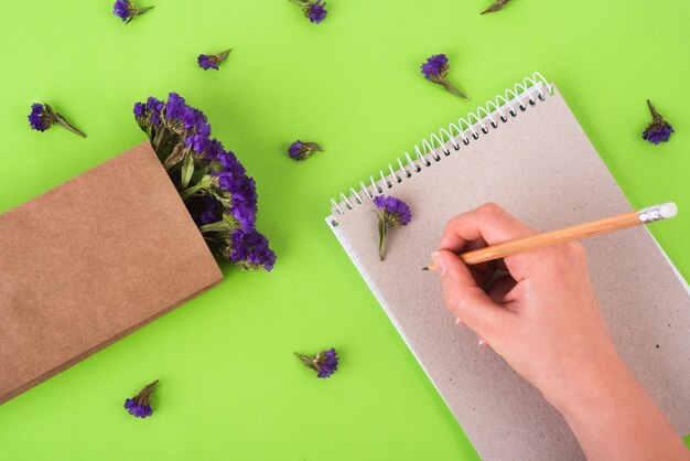 Hand schrijven in het biologische notitieboekje en blauwe, gedroogde bloemen in papieren zak op de groene achtergrond. Bovenaanzicht, kopieer ruimte